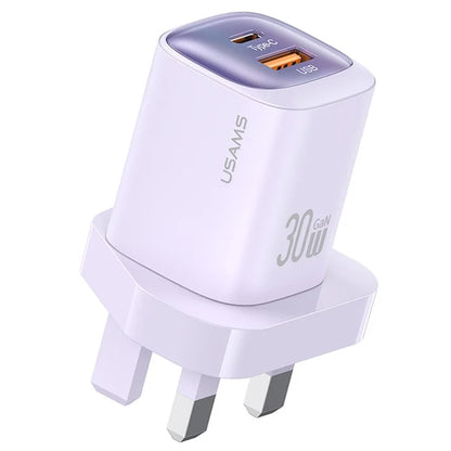 USAMS CC253 30W Dual Port GaN Charger Type-C + USB-A Fast Charging Adapter, UK Plug