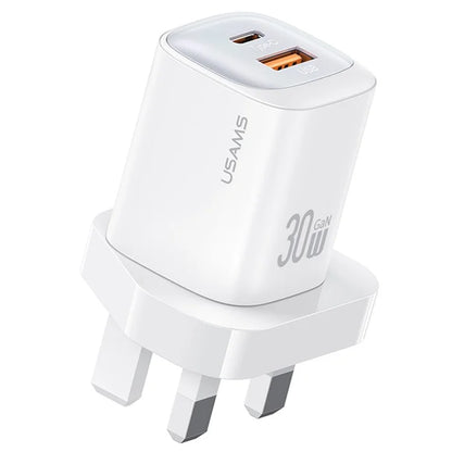USAMS CC253 30W Dual Port GaN Charger Type-C + USB-A Fast Charging Adapter, UK Plug