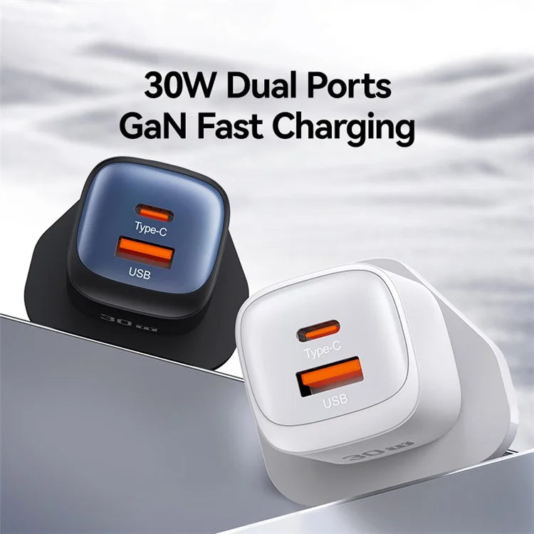 USAMS CC253 30W Dual Port GaN Charger Type-C + USB-A Fast Charging Adapter, UK Plug