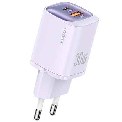 USAMS CC254 30W GaN Charger Type-C + USB-A Compact Quick Charge Wall Adapter, EU Plug