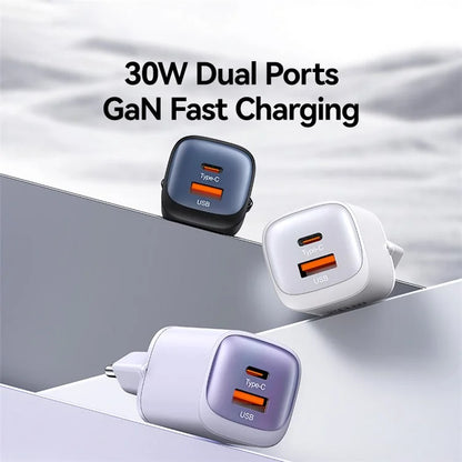 USAMS CC254 30W GaN Charger Type-C + USB-A Compact Quick Charge Wall Adapter, EU Plug