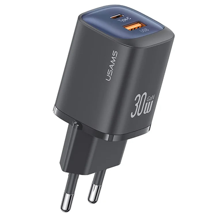 USAMS CC254 30W GaN Charger Type-C + USB-A Compact Quick Charge Wall Adapter, EU Plug