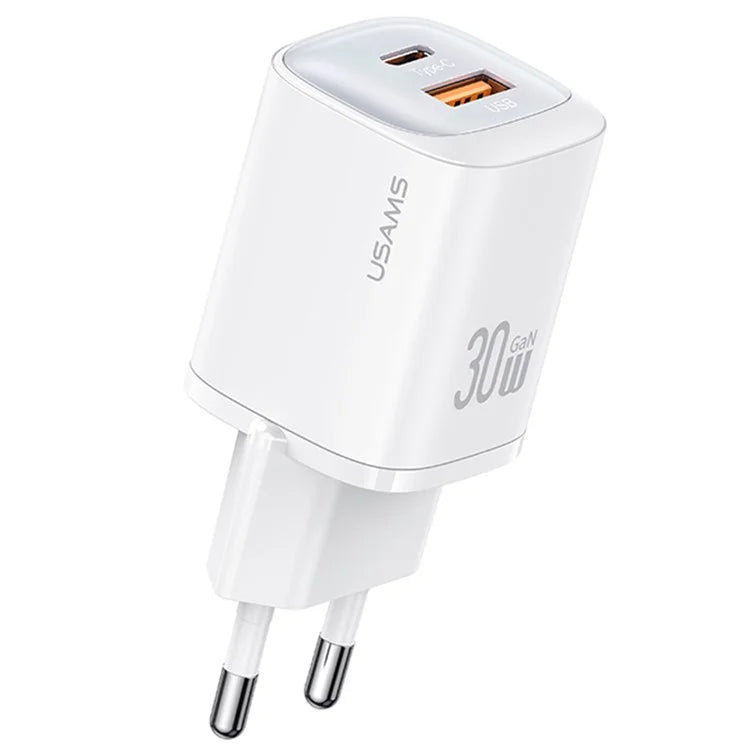USAMS CC254 30W GaN Charger Type-C + USB-A Compact Quick Charge Wall Adapter, EU Plug