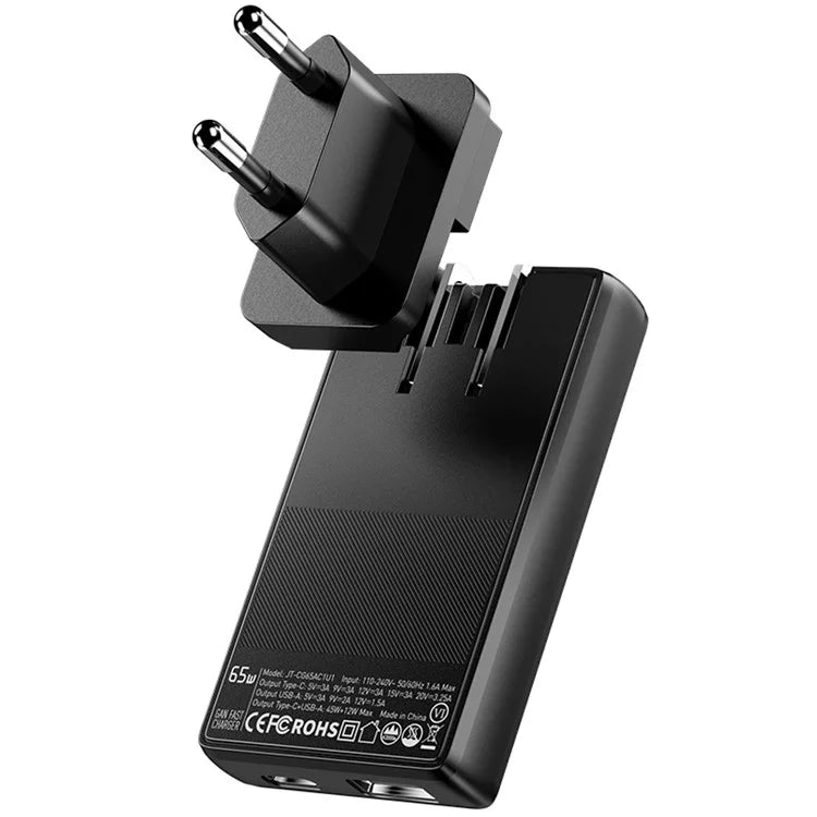 ESSAGER 65W Ultra Thin GaN Travel Charger Type-C + USB-A Dual Port Adapter with Detachable Plug