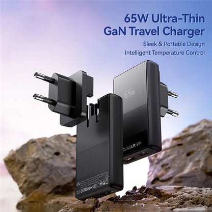 ESSAGER 65W Ultra Thin GaN Travel Charger Type-C + USB-A Dual Port Adapter with Detachable Plug