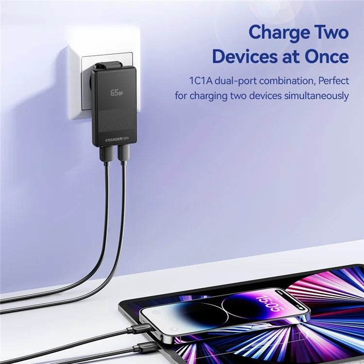 ESSAGER 65W Ultra Thin GaN Travel Charger Type-C + USB-A Dual Port Adapter with Detachable Plug