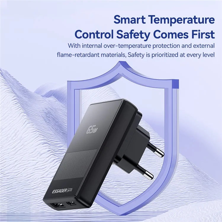 ESSAGER 65W Ultra Thin GaN Travel Charger Type-C + USB-A Dual Port Adapter with Detachable Plug