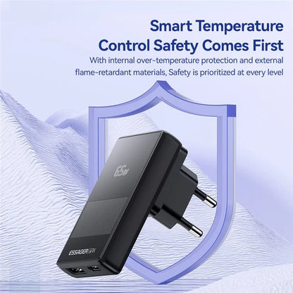 ESSAGER 65W Ultra Thin GaN Travel Charger Type-C + USB-A Dual Port Adapter with Detachable Plug