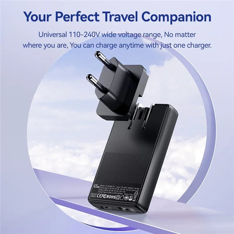 ESSAGER 65W Ultra Thin GaN Travel Charger Type-C + USB-A Dual Port Adapter with Detachable Plug