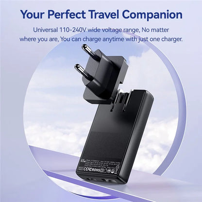 ESSAGER 65W Ultra Thin GaN Travel Charger Type-C + USB-A Dual Port Adapter with Detachable Plug