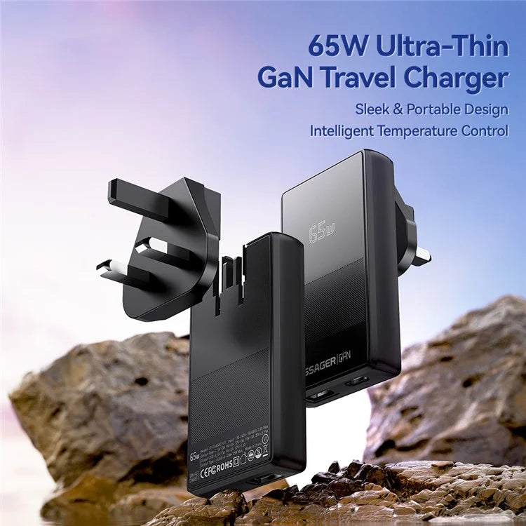 ESSAGER 65W Ultra Thin GaN Travel Charger Type-C + USB-A Dual Port Adapter with Detachable Plug