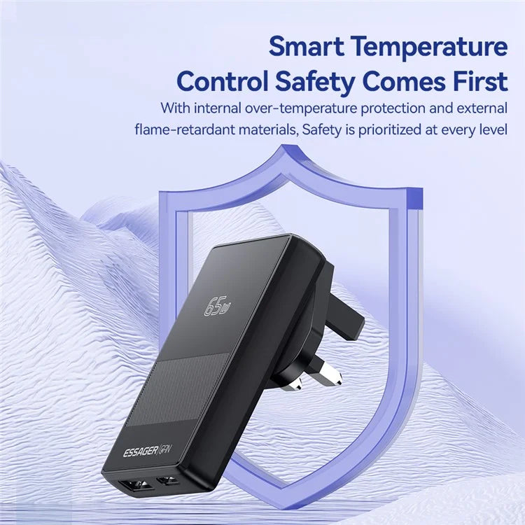 ESSAGER 65W Ultra Thin GaN Travel Charger Type-C + USB-A Dual Port Adapter with Detachable Plug