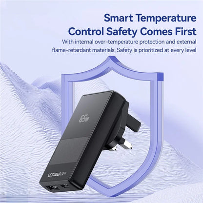 ESSAGER 65W Ultra Thin GaN Travel Charger Type-C + USB-A Dual Port Adapter with Detachable Plug