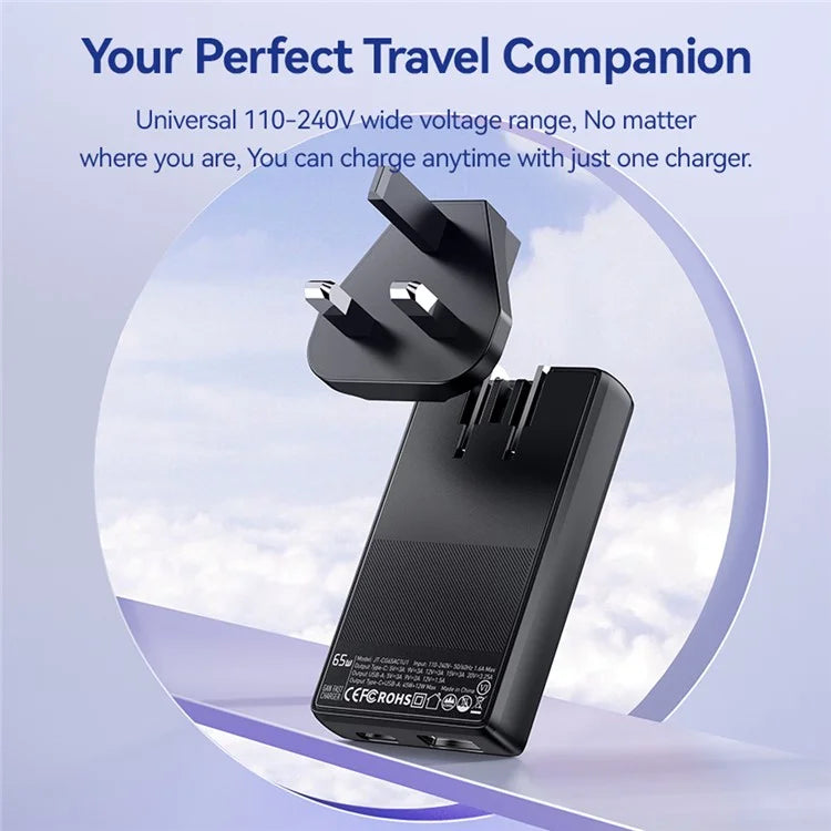 ESSAGER 65W Ultra Thin GaN Travel Charger Type-C + USB-A Dual Port Adapter with Detachable Plug