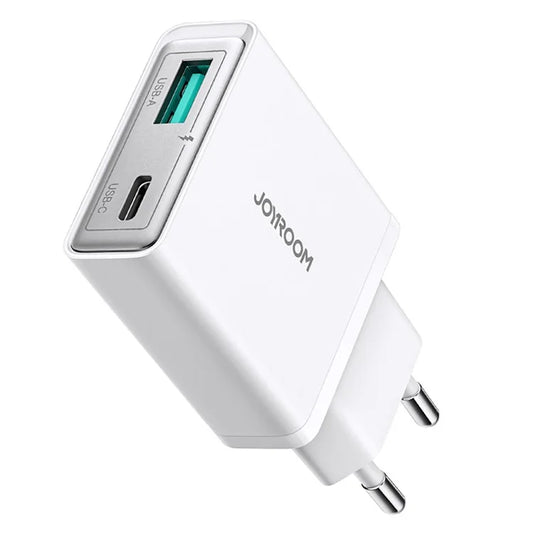 JOYROOM JR-TCF14 20W Fast Charging Charger USB-C+USB-A Dual Port Adapter, EU Plug for iPhone 16-15 Series - White