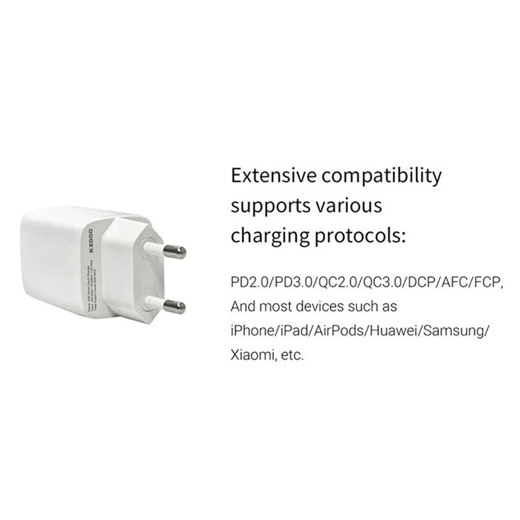 KZDOO PD 20W Wall Charger USB-C+USB-A Dual-Port Power Adapter Charger
