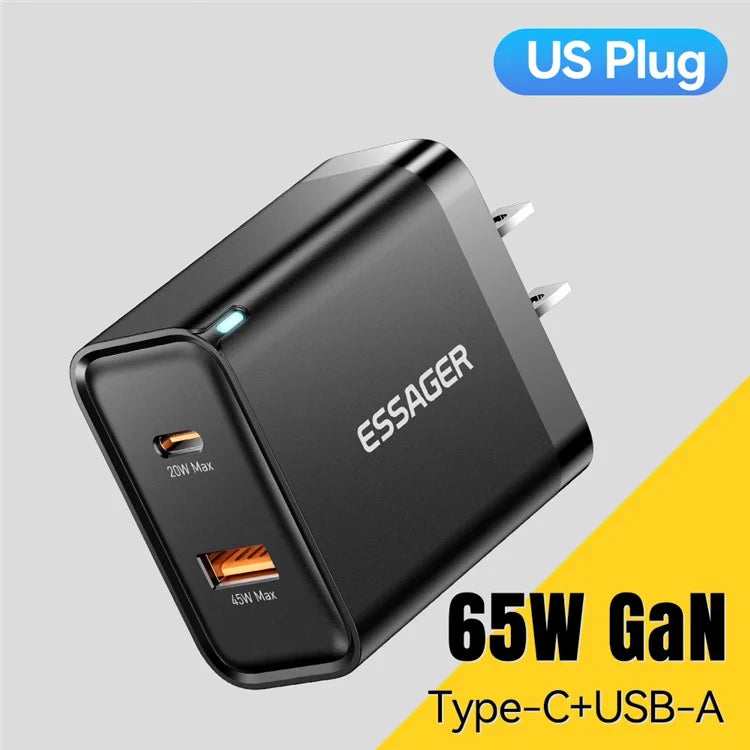 ESSAGER 65W Fast Charging Portable Power Adapter USB-A + Type-C Dual Ports Travel Charger