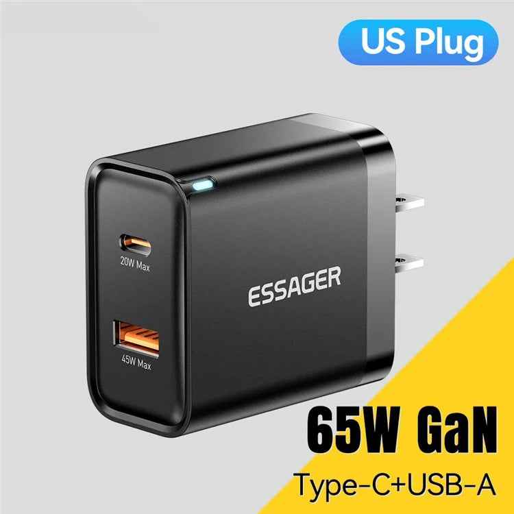 ESSAGER 65W Fast Charging Portable Power Adapter USB-A + Type-C Dual Ports Travel Charger