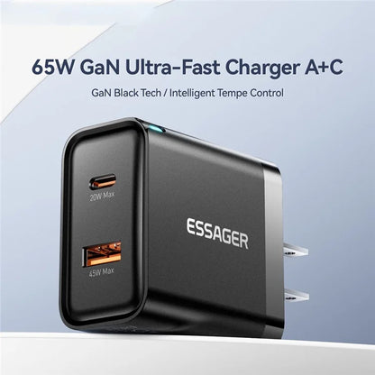 ESSAGER 65W Fast Charging Portable Power Adapter USB-A + Type-C Dual Ports Travel Charger