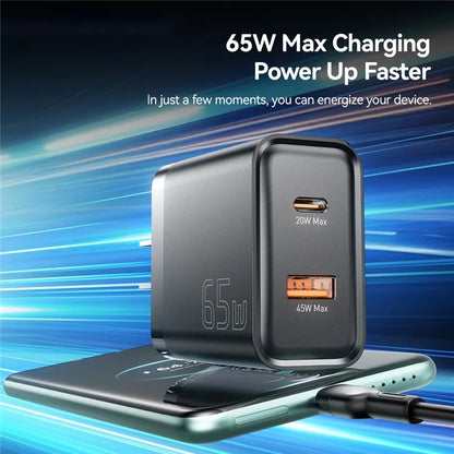 ESSAGER 65W Fast Charging Portable Power Adapter USB-A + Type-C Dual Ports Travel Charger