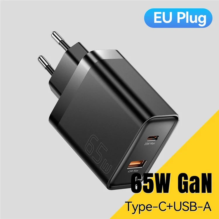 ESSAGER 65W Fast Charging Portable Power Adapter USB-A + Type-C Dual Ports Travel Charger