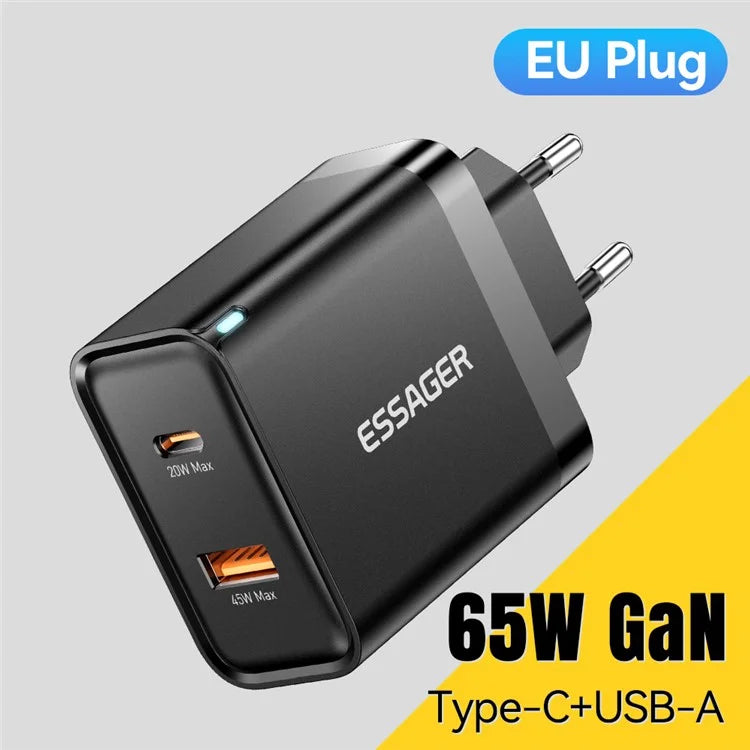 ESSAGER 65W Fast Charging Portable Power Adapter USB-A + Type-C Dual Ports Travel Charger
