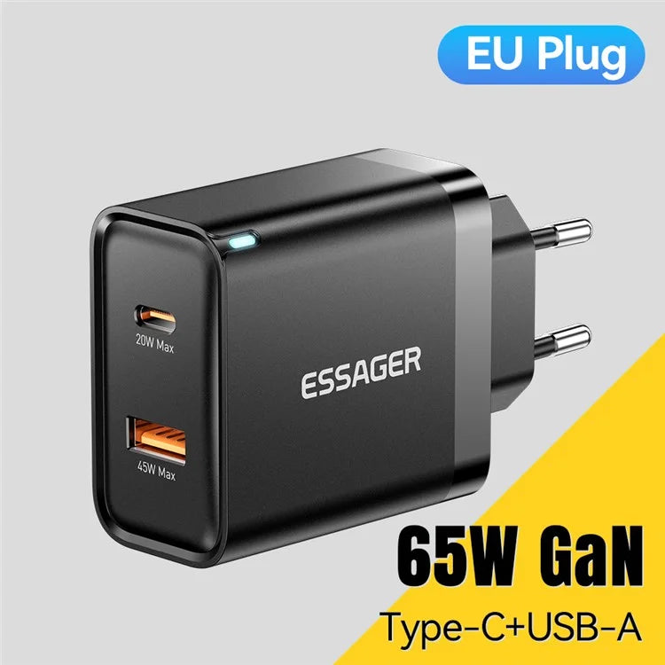 ESSAGER 65W Fast Charging Portable Power Adapter USB-A + Type-C Dual Ports Travel Charger