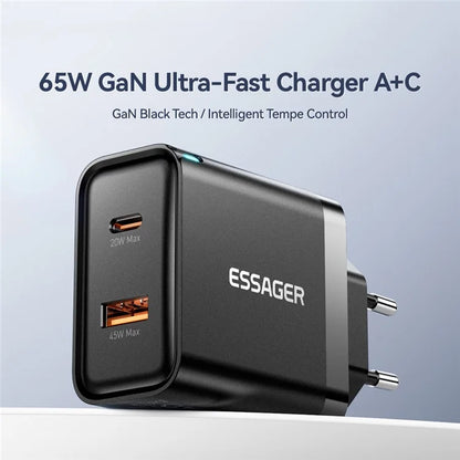 ESSAGER 65W Fast Charging Portable Power Adapter USB-A + Type-C Dual Ports Travel Charger
