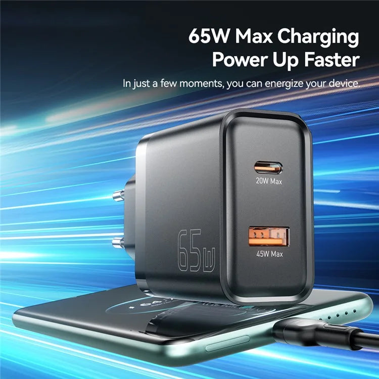 ESSAGER 65W Fast Charging Portable Power Adapter USB-A + Type-C Dual Ports Travel Charger