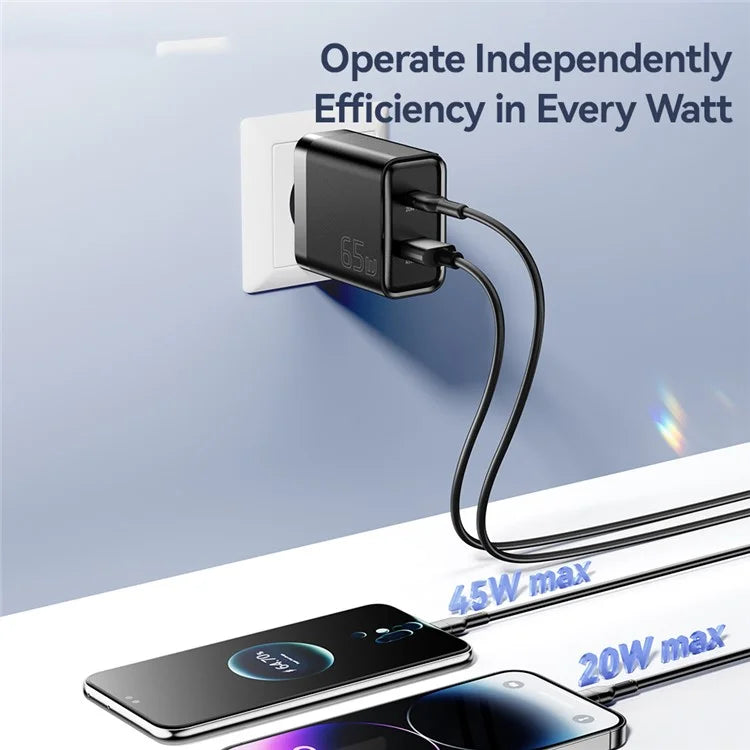 ESSAGER 65W Fast Charging Portable Power Adapter USB-A + Type-C Dual Ports Travel Charger