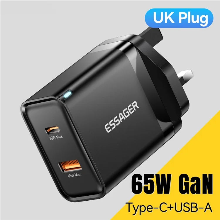 ESSAGER 65W Fast Charging Portable Power Adapter USB-A + Type-C Dual Ports Travel Charger