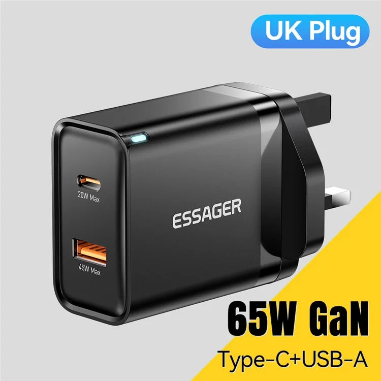 ESSAGER 65W Fast Charging Portable Power Adapter USB-A + Type-C Dual Ports Travel Charger