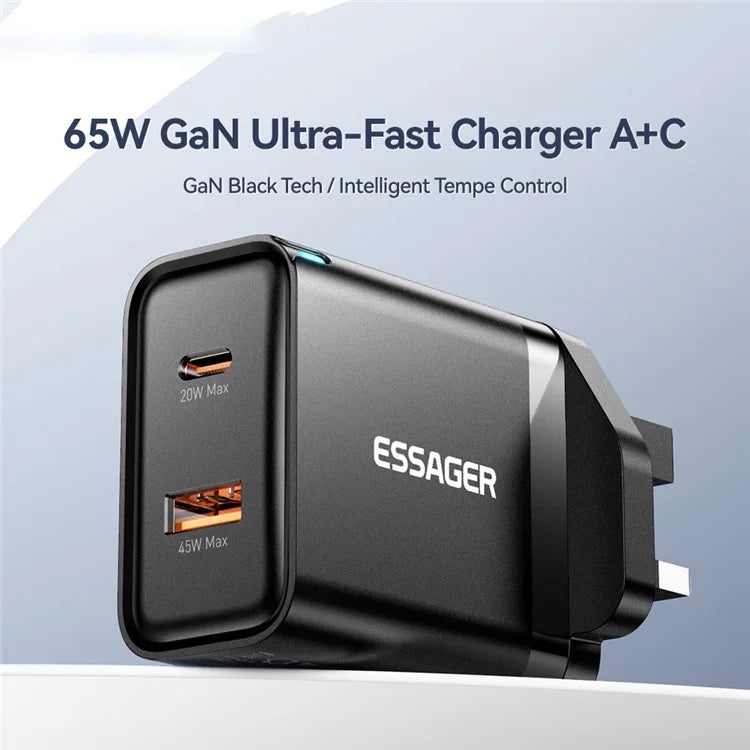 ESSAGER 65W Fast Charging Portable Power Adapter USB-A + Type-C Dual Ports Travel Charger