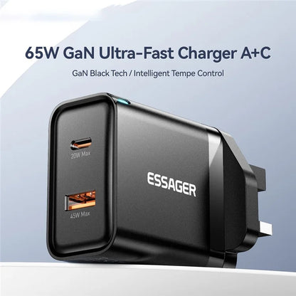 ESSAGER 65W Fast Charging Portable Power Adapter USB-A + Type-C Dual Ports Travel Charger