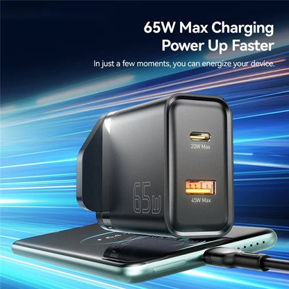 ESSAGER 65W Fast Charging Portable Power Adapter USB-A + Type-C Dual Ports Travel Charger