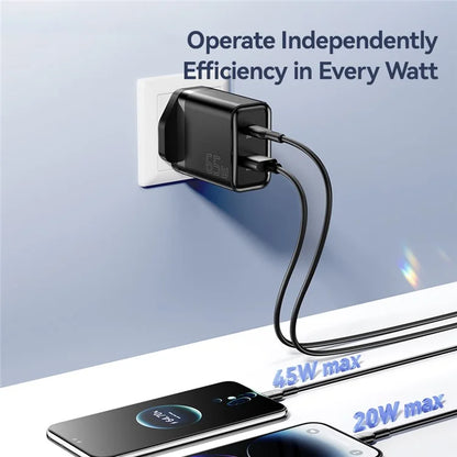 ESSAGER 65W Fast Charging Portable Power Adapter USB-A + Type-C Dual Ports Travel Charger