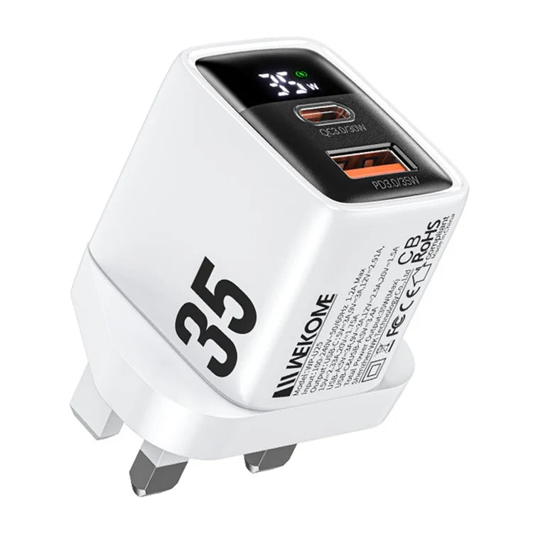 WEKOME WP-U25 35W GaN Charger Dual Port Fast Wall Charger Digital Display Adapter, UK Plug