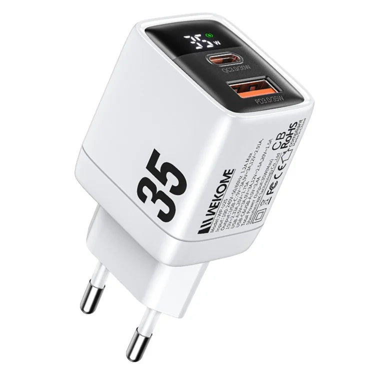 WEKOME WP-U25 35W GaN Charger Dual Port Fast Wall Charger Digital Display Adapter, EU Plug