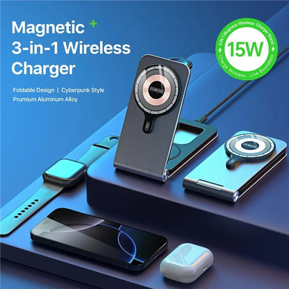 DUZZONA W22 15W 3-in-1 Magnetic Wireless Charger Folding Portable Phone Charger for Earbuds, iWatch