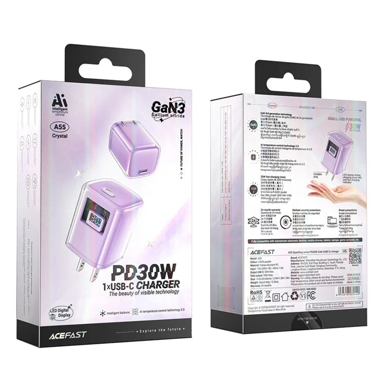 ACEFAST A5 Crystal Series PD 30W GaN Wall Charger Type-C Phone Fast Charge Adapter
