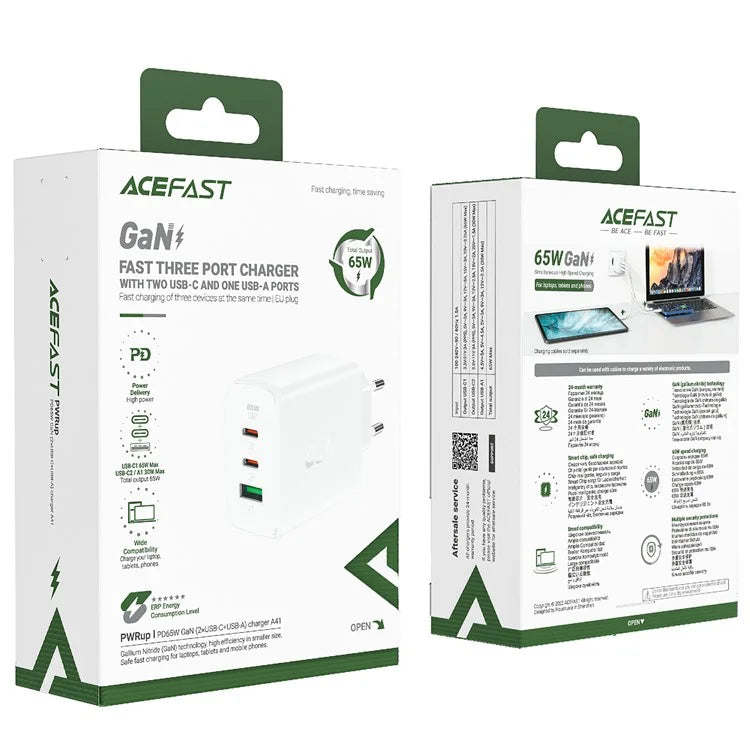 ACEFAST A41 PD 65W GaN Wall Charger 2 Type-C + 1 USB-A Phone Charging Adapter, EU Plug