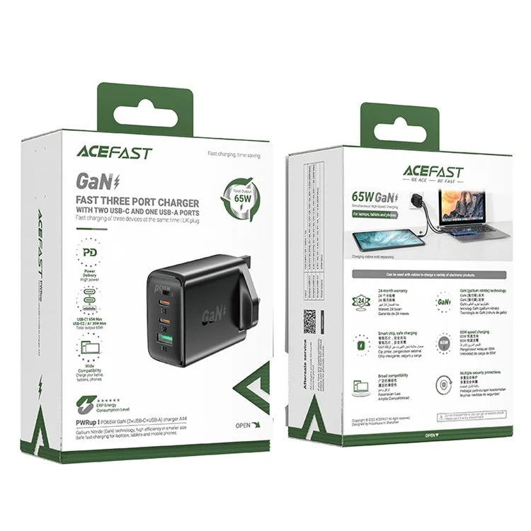 ACEFAST A44 PD 65W Wall Charger 2 Type-C + 1 USB-A GaN Phone Charging Adapter, UK Plug