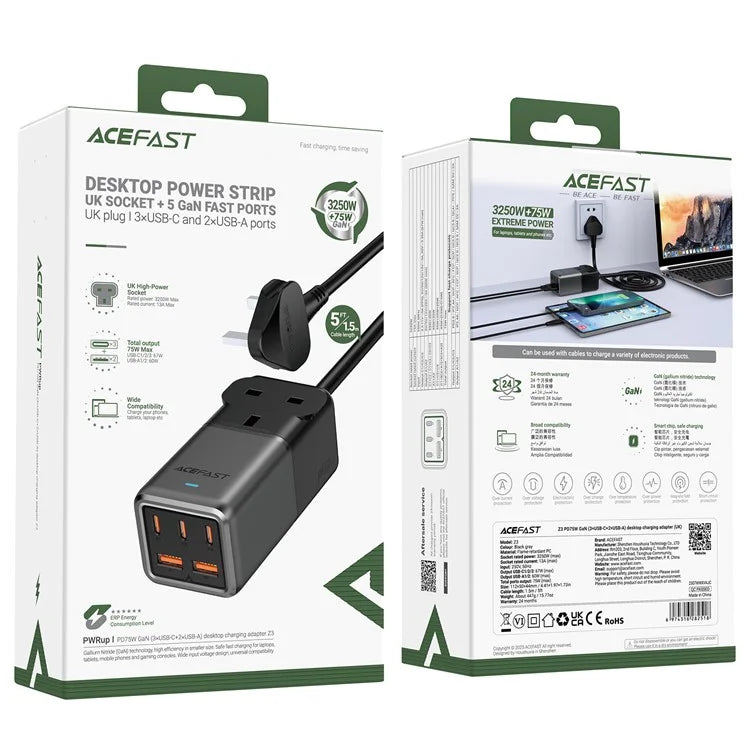 ACEFAST Z3 GaN Tech PD 75W 2 USB + 3 Type-C Ports Wall Charger Power Socket Charging Dock Station (UK Plug)