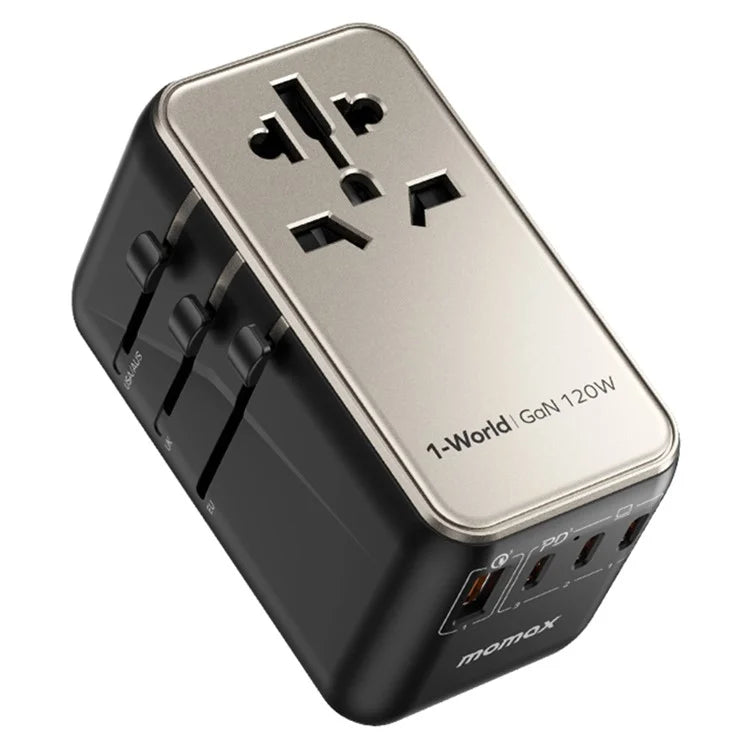 MOMAX UA15 1-World GaN 120W PD Global Travel Fast Charger Adapter Portable Wall Charger Block with USB-A / 3 USB-C Ports, Titanium Gray