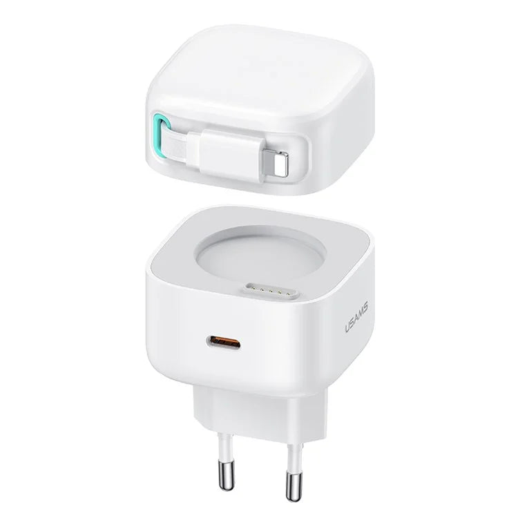 USAMS US-CC209 PD 35W GaN Wall Charger Dual USB-C Fast Charger with iP Magnetic Retractable Cable Module