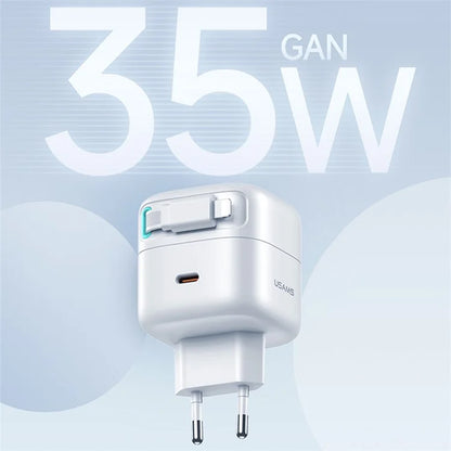 USAMS US-CC209 PD 35W GaN Wall Charger Dual USB-C Fast Charger with iP Magnetic Retractable Cable Module