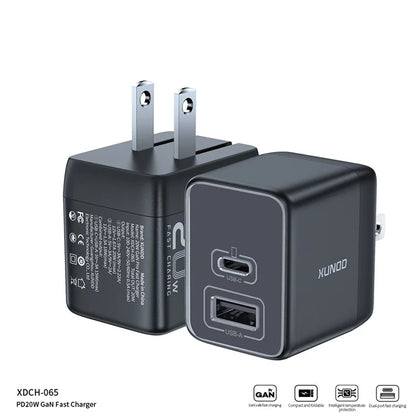 XUNDD XDCH-065 20W Fast Charging Block Type-C+USB-A GaN Power Adapter