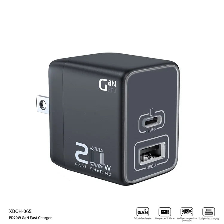 XUNDD XDCH-065 20W Fast Charging Block Type-C+USB-A GaN Power Adapter