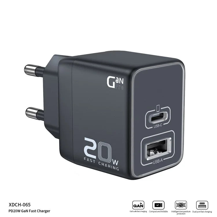 XUNDD XDCH-065 20W Fast Charging Block Type-C+USB-A GaN Power Adapter