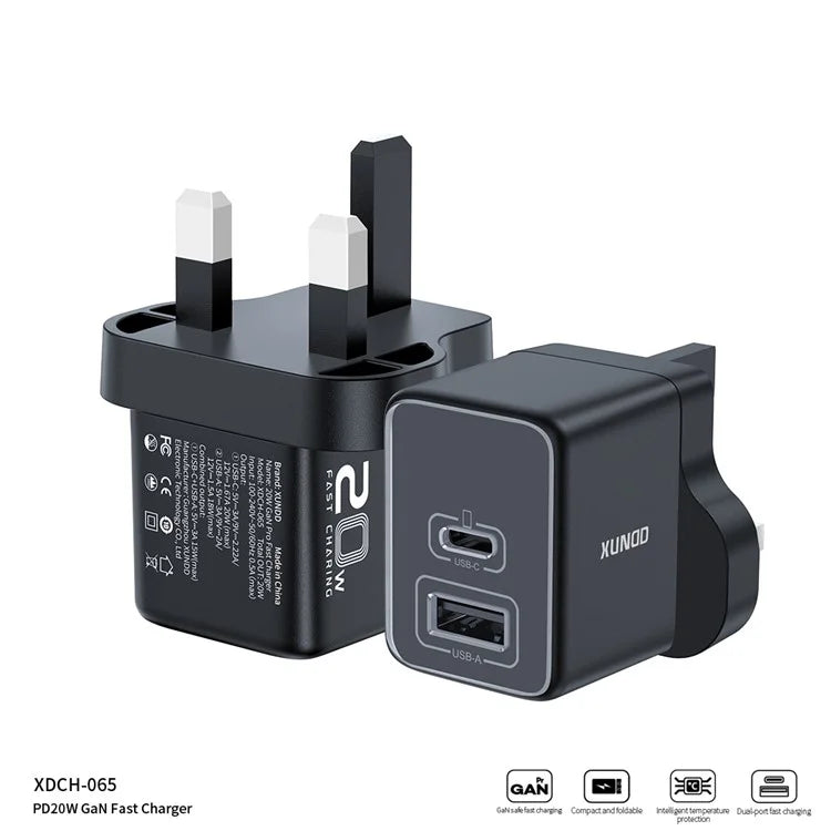 XUNDD XDCH-065 20W Fast Charging Block Type-C+USB-A GaN Power Adapter